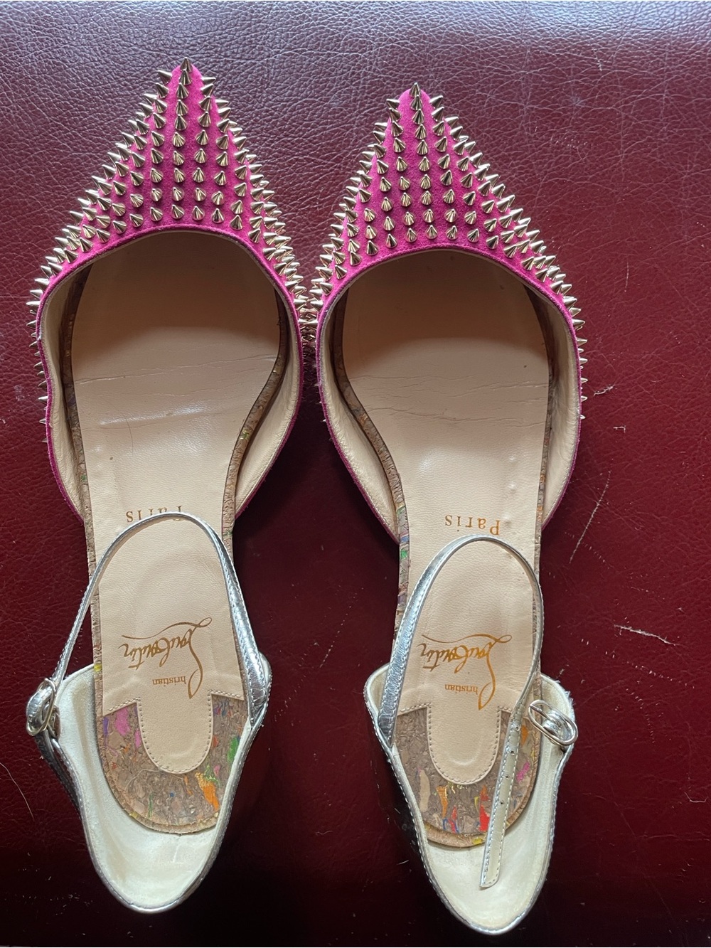 Christian Louboutin Pink Spiked Pointed-Toe Flats, Size 7